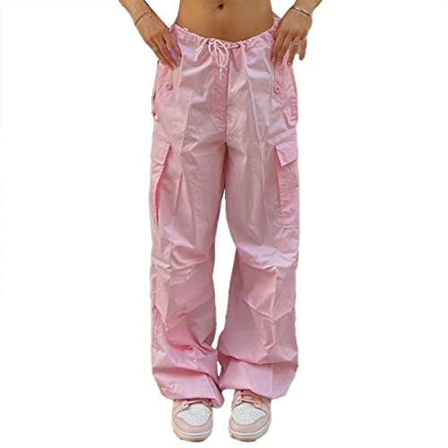 Ausla Pantaloni Cargo da Ragazza Pantaloni Cargo da Donna Larghi con Stringa Bassa Pantaloni da Jogging a Gambe Larghe con Tasche(L-Rosa)