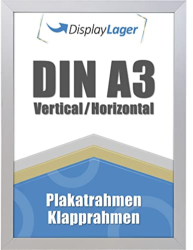 DisplayLager - Flat Profile Klapprahmen, Dünne 20mm Aluminium Profil, Entspiegelter Schutzscheibe, Befestigungsmaterial (Silber, A3)
