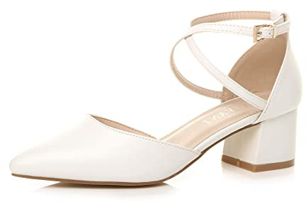 AJVANI Womens Ladies mid Block Heel Pointed Toe Cross Strap Two Part Mary Jane Court Shoes Sandals Size