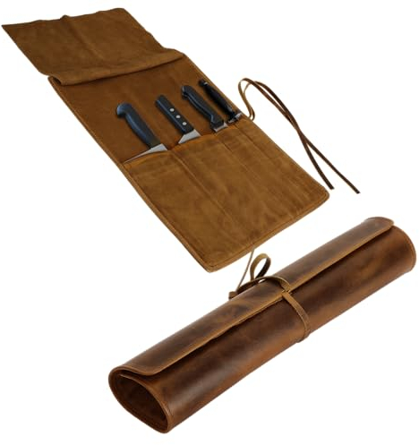 ELIZO Genuine Leather Knife Roll Set Small Chef's Knife Case Holder Cutlery Sheath Carrying Case Organizer Storage Bag Travel Friendly Artist Gift for Men & Women Teak