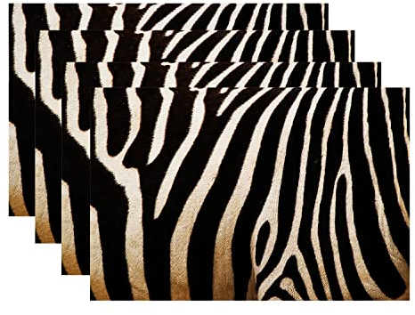 Batmerry Zebra Animal Black Placemats,Black and White Animaled Stripe Zebra Washable Linen Table Mats for Kitchen Table Double Insulation Decor Dining Set Indoor Outdoor 12X18 In Set of 4