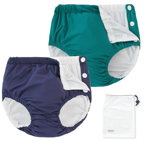 EZ Moms 2 Packs Reusable Swim Diapers Toddler Baby Swim Diaper Size 3 Washable Snap Pool Swimming Diaper 3T Soft and Silky Waterproof Diapers for Swimming Lessons Boys and Girls with a Laundry Bag