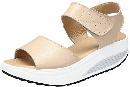 Mesing Damen Sandalen Plateau Leder Sommer Orthopädische Sandalen Bequeme Peep Toe Sandaletten Platform Wedges LX366-Beige-EU36