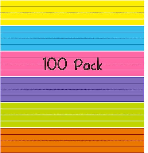 100 Pack Sentence Strips, Ruled Rainbow Sentence Strip Lined Paper for Handwriting Practice Learning Tool Classroom School, Office Supplies (6 Assorted Colors, 17” x 3”)