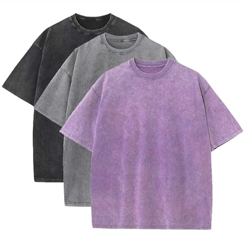 3 Pcs Men's Oversized Heavy Cotton Summer T-Shirts Vintage Tee Loose Fit Short Sleeve Casual Tshirts for Men Women, Black + Gray + Purple, Large