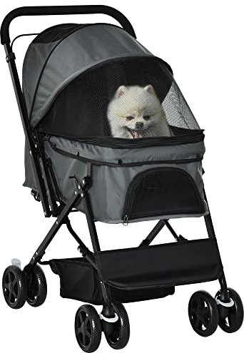 PawHut Poussette pour chien animaux de compagnie pliable avec 4 roues EVA guidon réglable panier et pochette de rangement - 76,5 x 52 x 95 cm gris
