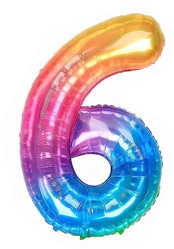 Ponmoo 40 Zoll Foil Luftballon Zahl 6 Neon Regenbogen (101cm), Helium oder Luft, Riesige Folienballons Nummer 0-100, Große Ballons für Hochzeitstag und Geburtstagsparty Ballon Dekoration
