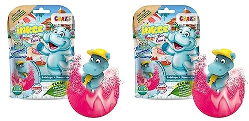 CRAZE INKEE FUN BEACH | Badekugel Kinder mit Überraschung, Badebombe Kinder mit Hippo Stempel, Mit Mangobutter & Wassermelone-Duft (Packung mit 2)