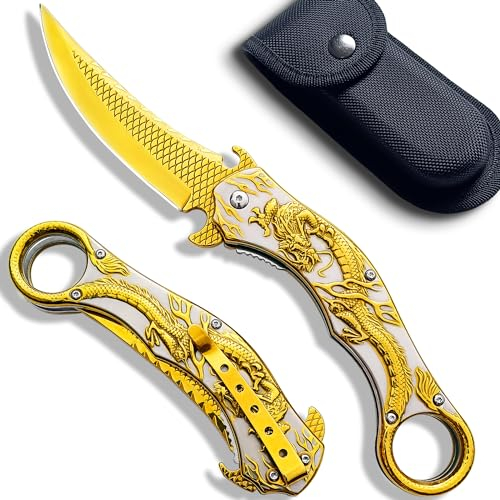 MADSMAUG glod Drache messer Klappmesser, 60HRC 9Cr18Mo KLINGE Klappmesser mit Scheide, coole Taschenmesser für Männer im Freien Überleben Camping (goldfarben)
