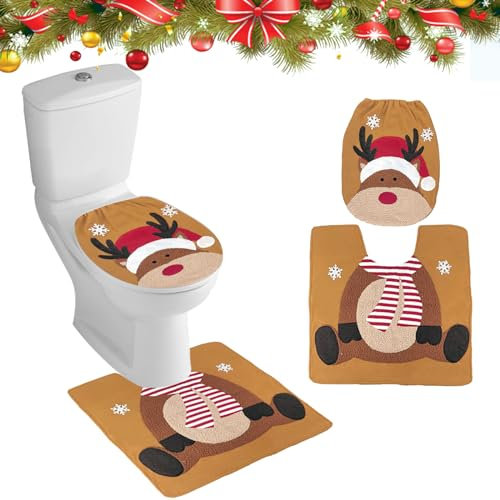 Minicoco Christmas Toilet Seat Covers Pads Funny Christmas Decorations Christmas Bathroom Set Toilet Lid Cover Set U-Shaped Toilet Rug Washable Soft Warmer Toilet Cover (Elk)