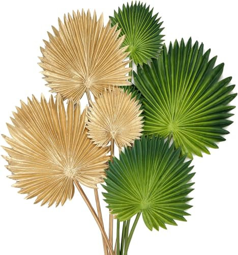Briful Kunstpflanze 6 Stück Palmenblätter Grüne Gold Tropische PU Kunstblätter mit biegsamen Stiel Palmwedel für Blumengesteck Hausgarten Party Büro Dekoration