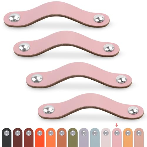 LEREATI Ledergriffe für Möbel 4 Stück Schrankgriffe mit Schrauben Möbelgriffe Vintage Schubladengriff Knöpfe Möbelgriff Leder für Küchenschränke Schränke Bad (Rosa, für 160mm Loch Mitte)