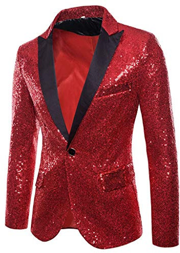 DondPO Blazer Rot Herren Bunte Gold Knopf Sakko Pailletten Sakko Party Kurz Slim Fit Glitzer Sakko Pailletten Jacke Glitzer Blazer Langarm Revers Blazer Glitzer Frack