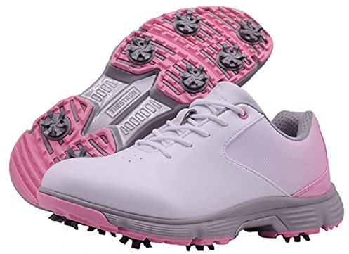 Women Golf Shoes, Ladies Golf Sport Sneakers Professional Waterproof Spikes Walking Shoe for Female,White,6 UK