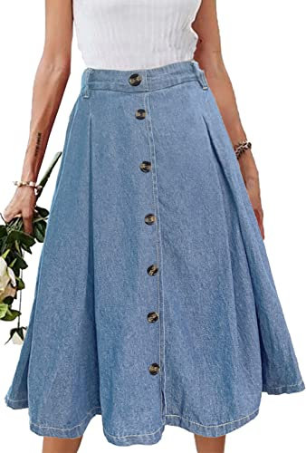 Jayscreate Sommerrock Damen Lang Hohe Taille Rock Knielang A Linie Damen Mit Taschen Herbst Rock mit Fransen,hellblau,XXL