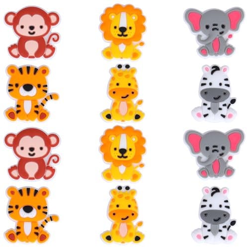 WEWAYSMILE 12pcs Silicone Beads Kit, Animal Silicone Beads for Crafting, Tiger Lion Zebra Monkey Elephant Giraffe for Pens Lanyard Keychain Making Supplies (Zoo)