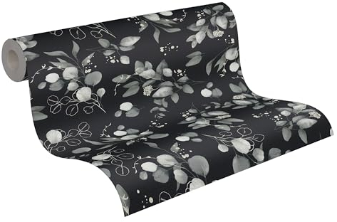 A.S. Création Pure Elegance Vliestapete mit floralem Muster 0,53 x 10,05 m – Schwarz, Grau, Silber - Tapete mit Blättermotiv Made in Germany - 397685