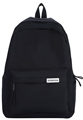 Sac à dos pour homme et femme en nylon de couleur unie avec fermeture éclair simple et grande capacité pour étudiant, sac à dos pour ordinateur portable avec pneus, Noir , taille unique
