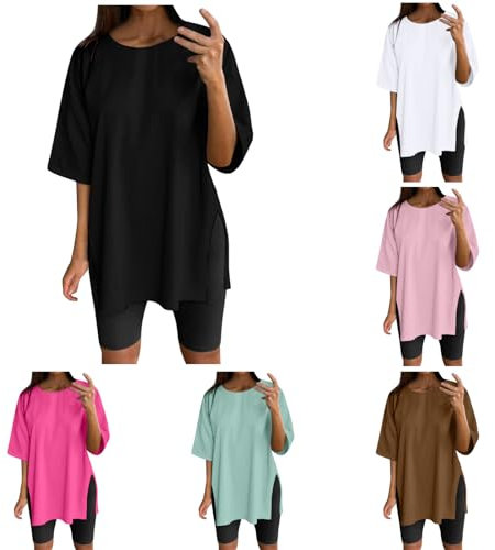 NaLatia Tshirt Damen Oversize Sportshirt Kurzarm Blusen Sommer Lockere Oberteile Funktionsshirt Tunika Locker mit Schlitzen