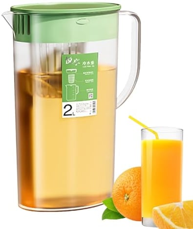 PLASTIC WATER CARAFE JUGS, 2L FRUIT INFUSER PITCHER WITH HANDLE, LARGE CAPACITY, LID, COLD/HOT BEVERAGE SERVEWARE