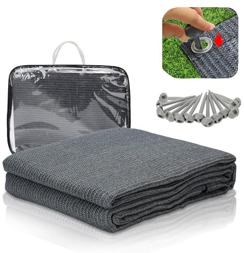 Ollewiellan Vorzeltteppich 250x250cm Campingteppich Outdoor Atmungsaktiv rutschfest Waschbare Schimmelfrei UV-Stabilisiert mit 12 Löchern, 13 Heringe und Tragetasche, Grau Blau