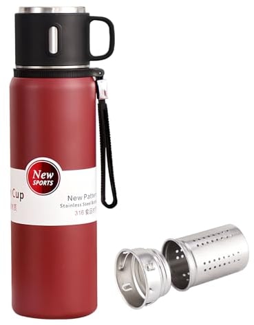 Borraccia termica da 600 ml, in acciaio inox, con tazza, per bevande calde/bevande fredde, isolamento 24 ore, per viaggi (rosso)