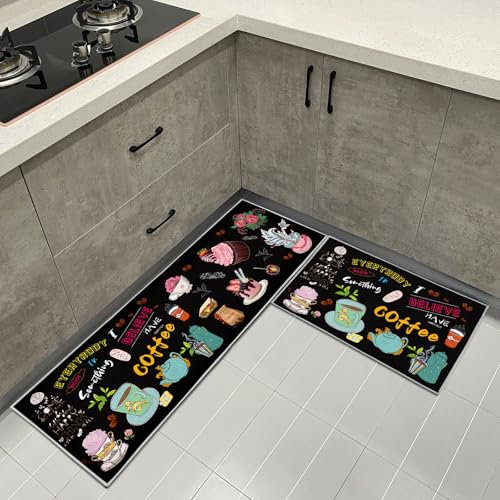 HZVRTN Küchenteppich waschbar rutschfest Küchenmatte,KomfortWasserdichte Stehmatte für Haus, Küche und Waschküche 2-Teiliges (Coffee, 40x60+40x120cm)