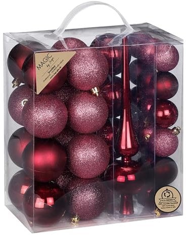 Inge-glas Weihnachtskugeln Kunststoff 4-6cm mit Spitze 39er Set - bruchsichere Christbaumkugeln Weihnachtsbaumkugeln und Christbaumspitze - Christbaumschmuck & Weihnachtsbaumschmuck - Bordeaux Red