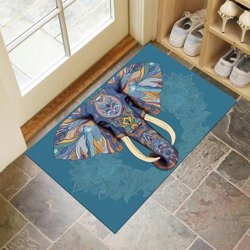 MULERN Eingang Fußmatte 50X80Cm - Innen Und Außen Waschbar Fussmatt, Wasserdicht Türmatte, Ethnischer Elefant Rutschfester Schmutzfänger Teppich Für Eingang, Haustür, Patio, Flur, Garten