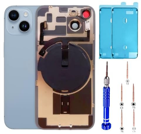 14 Back Glass Replacement Kit with Plate & Flex Cable and All Parts, Blue, 6.1 Inch for iPhone 14 Back Cover Glass, with Repair Tools (Blue)