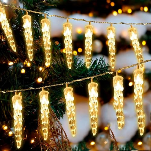 SUAVER LED Eiszapfen Lichterkette Außen und Innen, Wasserdicht 1M 10LED Eiszapfenleuchten Batteriebetrieben Eisregen Weihnachtsbeleuchtung Meteorschauer Lichte für Garten Außendeko (1m 10LED Warm)