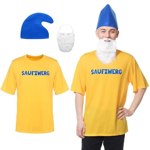 Ficlwigkis Zwergenkostüm Erwachsene,Saufzwerg Kostüm Zwergenkostüm mit Bart Hut T-Shirt, Bier Kostüm Fastnachtskostüme Herren Karneval Kostüm Herren (Gelb, S)