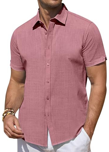 DEMEANOR Chemise en lin à manches courtes pour homme - Chemise d'été pour homme - Chemise de loisirs - Chemise de plage en lin pour homme, Rose, L