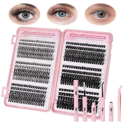 Aomig Faux Cils Individuel, 30D+40D+50D+60D+80D+100D Cluster Lash, 570 Pièces Kit d'extension Faux Cils DIY avec Liaison, Joint et Pince à Cils, DIY Naturel Look Extension Cils à la Maison(8-16mm)