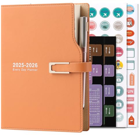 Akademischer Kalender 2025–2026, A5-Format, ein Tag pro Seite, von Juli 2025 bis Juni 2026, Planer mit Kalenderstickern, mit Stifthalter und Stift, aus hochwertigem, dickem Papier, 14 x 21,5 cm