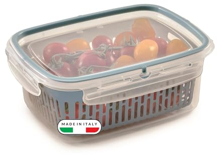 Snips Veggie SnipsLock - Contenitori per Alimenti Rettangolare, Contenitore per Cibi 1,8L, Cestello Rimovibile, 4 Chiusure di Sicurezza e Guarnizione Salva Freschezza 22.5x17.7x9 Azzurro Made in Italy