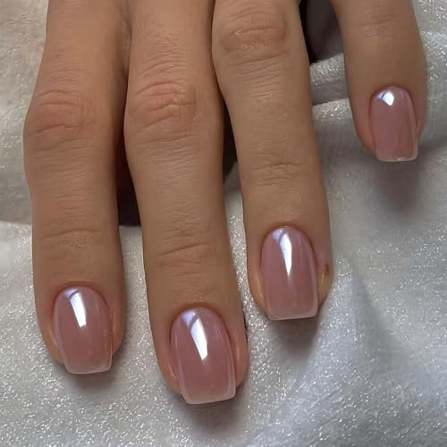 Glazed Nude Pink Press On Nails Short with Shine, Fake Nails Short Cute Made of Premium ABS Material, 12 Sizes for Women, Easy to Apply with Tool Included
