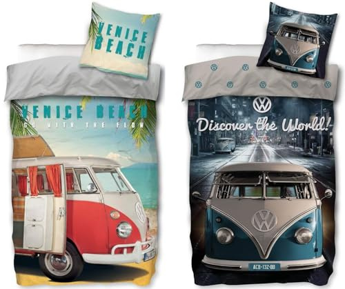 rainbowFUN.de VW Bulli 2 x Bettwäsche-Set Doppelpack Volkswagen Bus T1 Venice Beach 135x200 80x80 Baumwolle