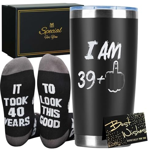 GOENMOOL 40th Birthday Gifts for Men, Funny 40th Birthday Gifts Set for Him Dad Brother Uncle Husband, 20oz Stainless Steel Travel Mug with Lid for 40 Year Old Man