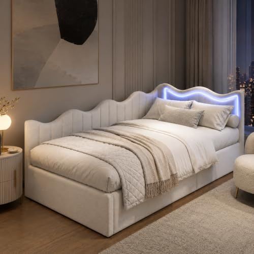 Kinderbett Polsterbett 90x200, Kinderbett Mädchen Einzelbett mit Led Polsterbett mit Stauraum Jugendbetten mit Höhenverstellbarem Led Kopfteil und Lattenrost,Teddysamt,ohne Matratze (Weiß-A, 90x200cm)