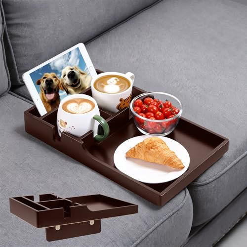 Nnewvante Couch Insert Tray, 2-in-1 Insert & Flat Sofa Organizer Bamboo with 4 Compartments,Fits Seat Gaps or Ottomans,for Snacks, Drinks, Remotes,39x25cm,Walnut