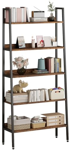 GarveeHome Estantería Industrial de 5 Niveles Tipo Escalera para Oficina - Librero Alto Abierto de Madera rústica y Metal Negro - Estante Resistente, fácil de Montar - para Dormitorio, Sala o Cocina