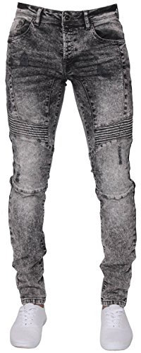 New ENZO Mens Stretch Skinny Fit Biker Blue Denim Jeans 36 W X 34L Black Acid