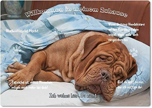 Merchandise for Fans Blechschild/Warnschild/Türschild - Aluminium - 20x30cm - - Willkommen in Meinem Zuhause - Motiv: Bordeaux Dogge/Französischer Mastiff - 16