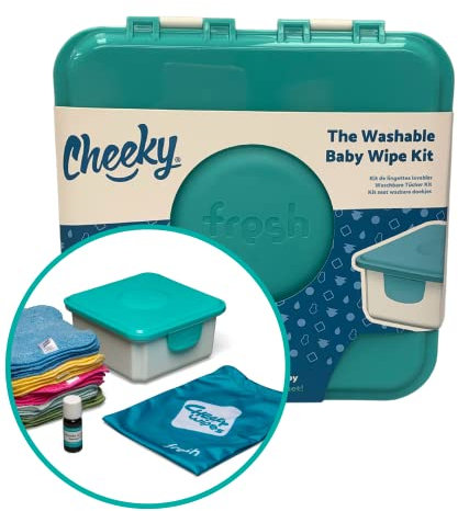 Cheeky Wipes Reusable Mini Baby Wipe Kit - 25 Cotton Terry Wipes, Rainbow, 15x15cm, Nappy Wipes, Travel Bag, Soaking Solution 10ml