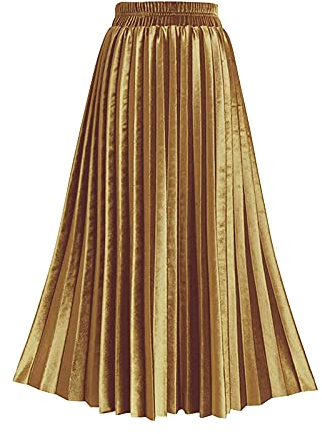 TONCHENGSD Damenrock mit hoher elastischer Taille, Samt, Midi, lang, plissiert, schwingend, gerüscht, Hellkhaki, Mittel