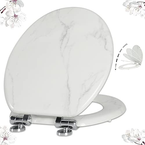 Angel Shield Marble Toilet Seat Durable Molded Wood with Quiet Close,Easy Clean,Quick-Release Hinges (Round,White Marble)