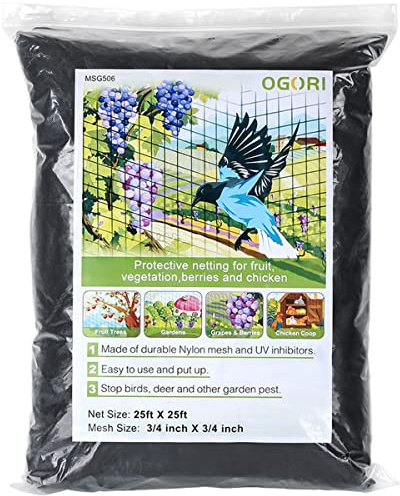 OGORI 25' x 25' Bird Netting Heavy Duty Nylon 3/4 Mesh Garden Netting Protect Fruit Trees, Plants and Vegetables