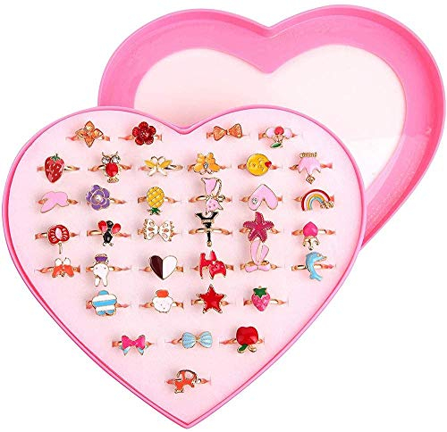 NC NC Kinderringe Mädchen, Kinder Ringe Set, 36 Stück Einstellbare Ringe funkeln mit Herzform Vitrine, Verstellbare Bunte Fingerringe Prinzessin Schmuck Fingerringe