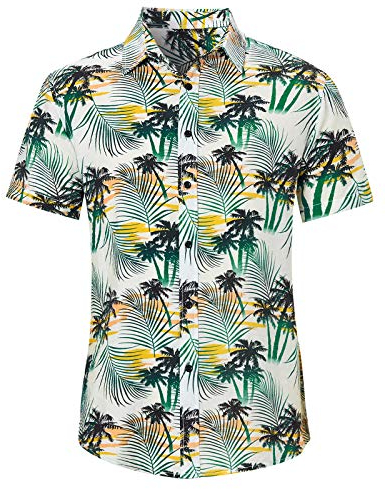 Loveternal Funky Hawaiihemd Herren Kurzarm Fronttasche Palmenblätter Hawaii-Print Strand Beach Palmen Diverse Farben L